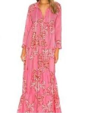 Boho Pink Floral Maxi Dress with V-Neck and Tie size m/l